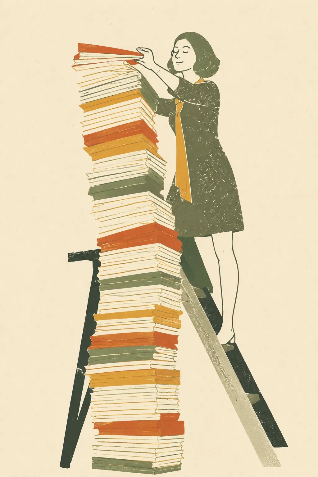 Illustration of a person on a ladder organising a towering stack of documents and books.