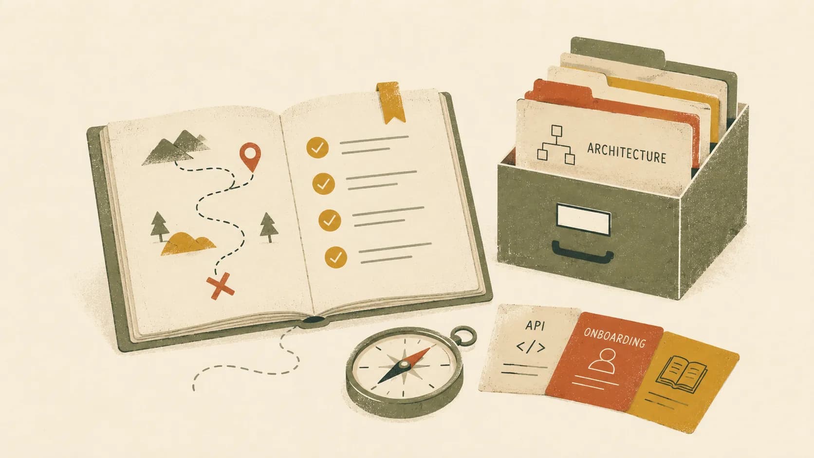 Illustration of an onboarding map with a checklist, compass, and labelled onboarding, API, and architecture cards.