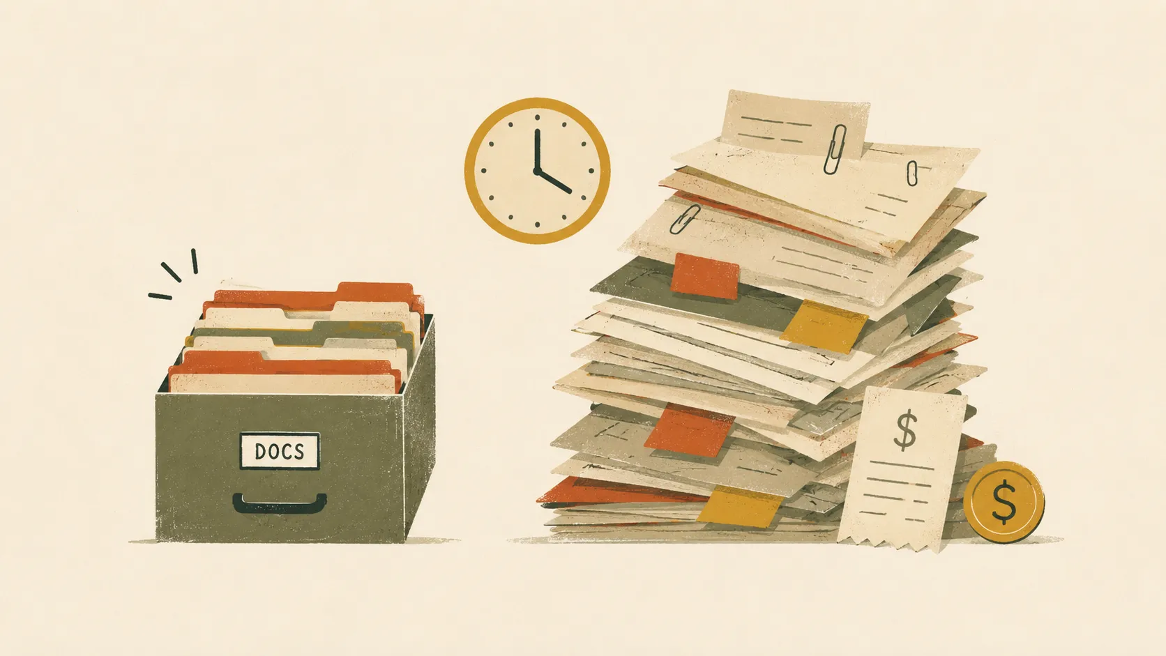 Illustration of a documentation map and compass beside a filing box of architecture, API, and onboarding docs.